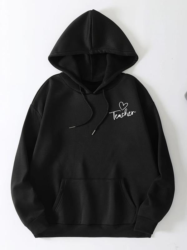 Women'WB shield Heart & Letter Print Drop Shoulder Hoodie, Fashion Casual Drawstring Pocket Hooded Sweatshirt for Daily...