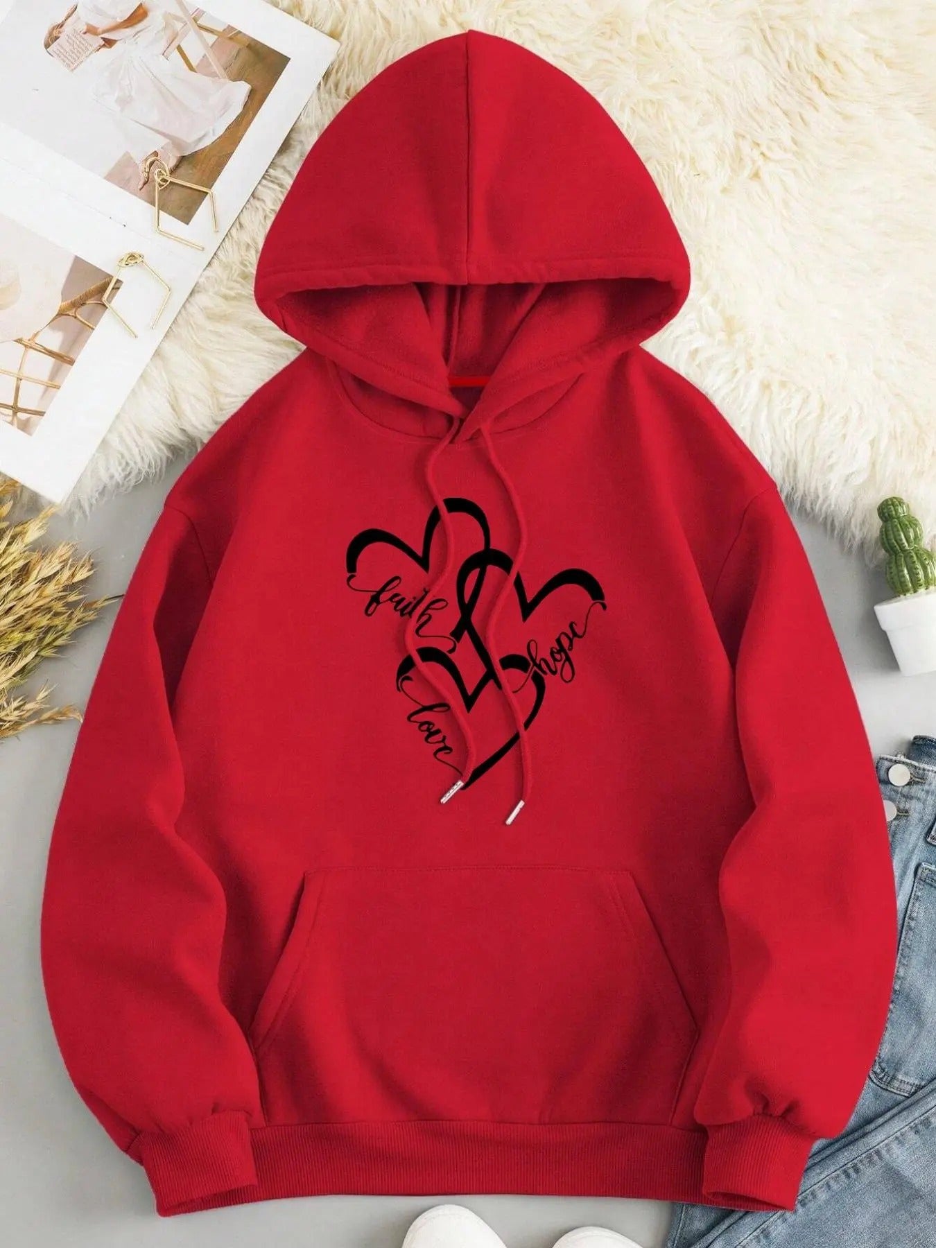 Women'WB shield Heart & Letter Print Drop Shoulder Hoodie, Fashion Casual Trendy Drawstring Pocket Hooded Sweatshirt for Daily Holiday Outdoor Wear, Women Cozy Clothing for Fall & Winter