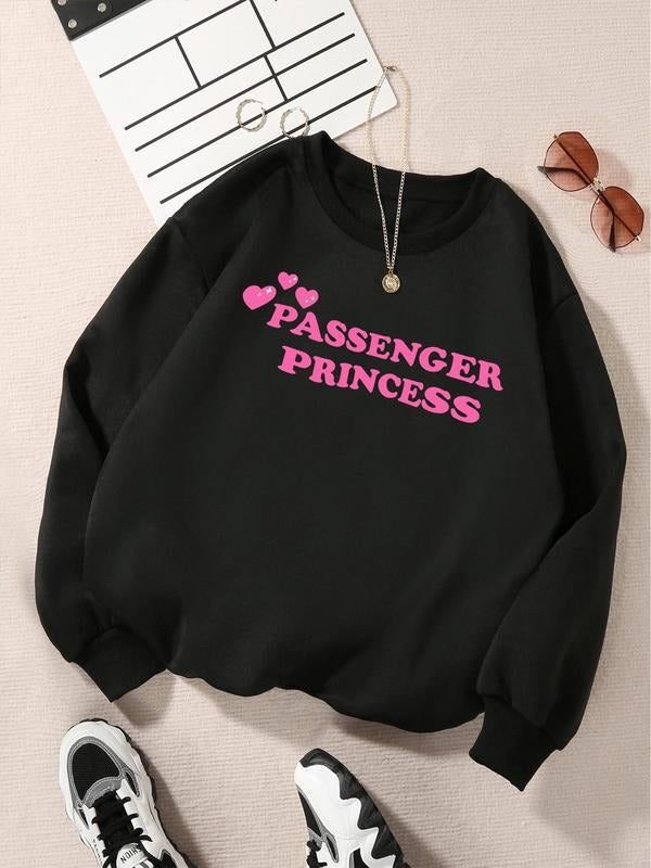 Women'WB shield Heart & Letter Print Drop Shoulder Sweatshirt, Casual Long Sleeve Round Neck Pullover for Fall & Winter,...