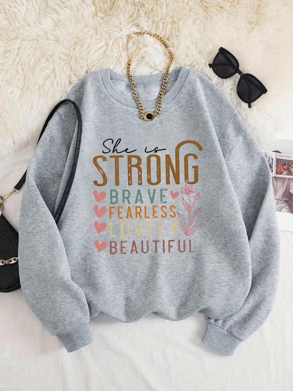 Women'WB shield Heart & Letter Print Drop Shoulder Sweatshirt, Casual Long Sleeve Round Neck Pullover for Fall & Winter,...