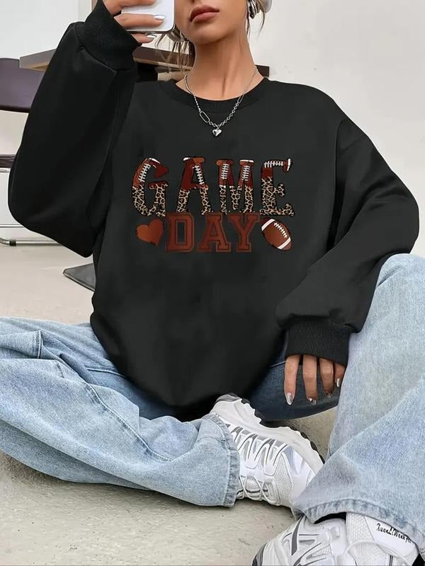 Women'WB shield Heart & Letter Print Drop Shoulder Sweatshirt, Casual Long Sleeve Round Neck Pullover for Spring & Fall,...