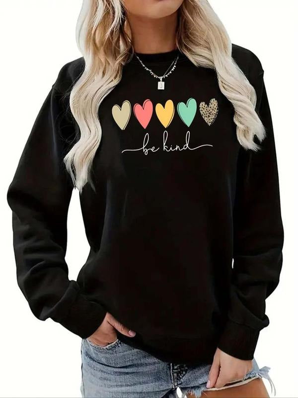 Women'WB shield Heart & Letter Print Drop Shoulder Sweatshirt, Casual Long Sleeve Round Neck Pullover for Spring & Fall,...