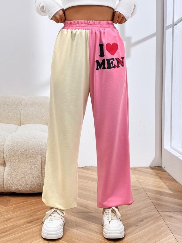 Women'WB shield Heart & Letter Print Patchwork Sweatpants, Casual Pocket Elastic Waist Trousers for Spring & Fall,...