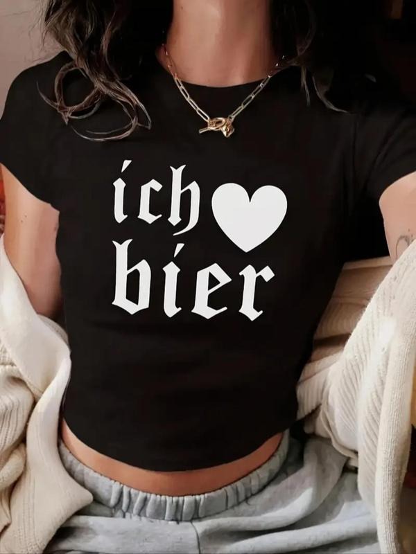 Women'WB shield Heart & Letter Print Round Neck Crop Tee, Casual Short Sleeve Crew Neck T-shirt for Summer, Fashion...
