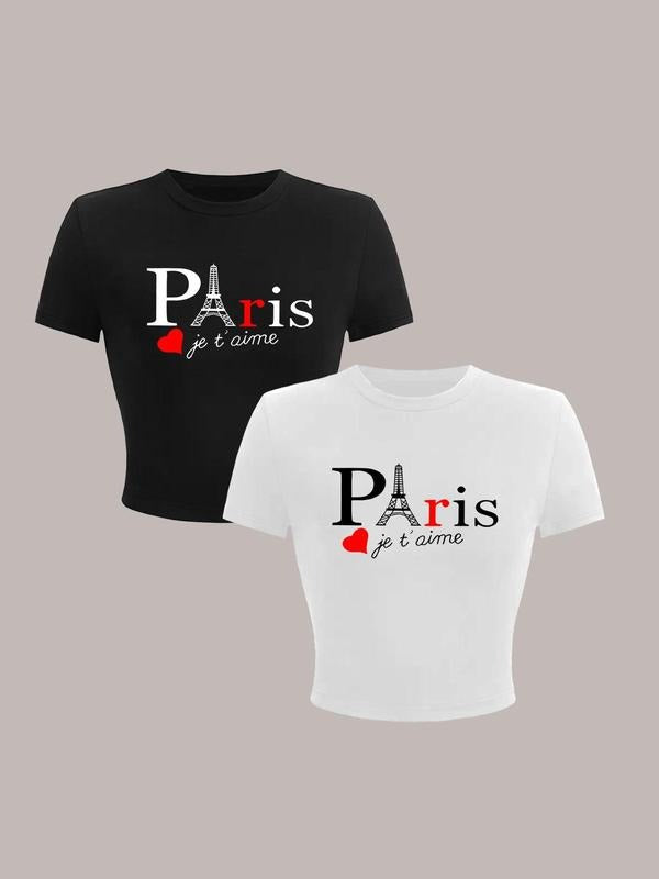 Women'WB shield Heart & Letter Print Round Neck Crop Tee, Fashion Eiffel Tower Graphic Short Sleeve T-Shirt, Ladies...
