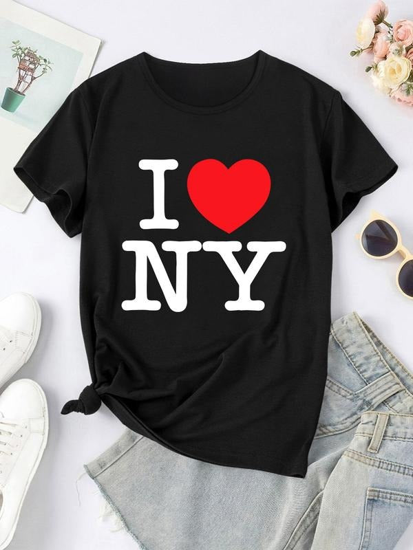 Women'WB shield Heart & Letter Print Round Neck Tee, Casual Short Sleeve Crew Neck T-Shirt for Summer, Fashion Women'WB...