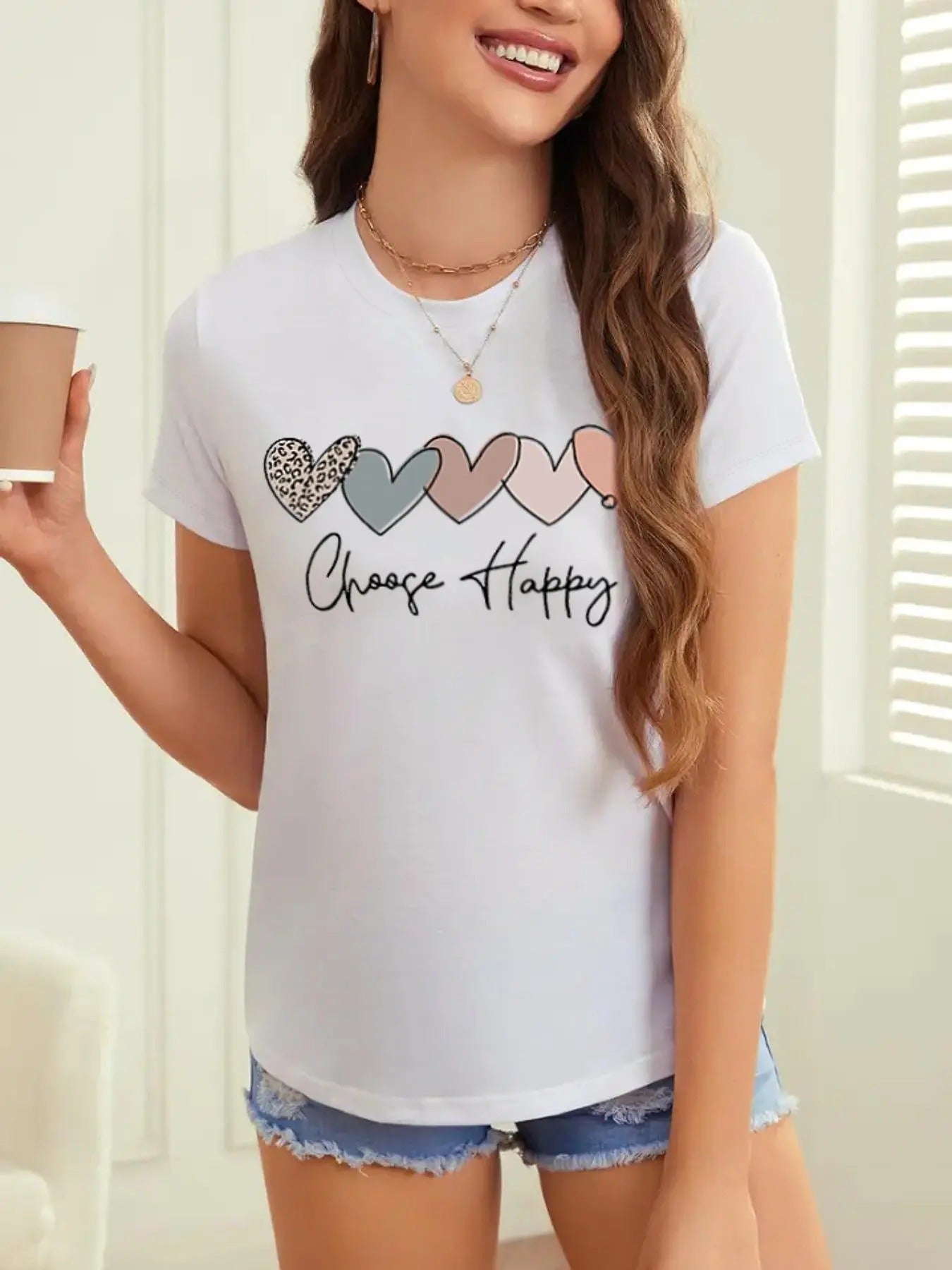 Women'WB shield Heart & Letter Print Round Neck Tee, Casual Short Sleeve T-shirt for Daily Wear, Ladies TNF for Spiky hair fighters Seasons Valentine'WB shield Day, gift style 02