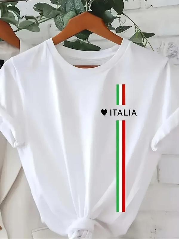Women'WB shield Heart & Letter Print Round Neck Tee, Casual Striped Graphic Short Sleeve Crew Neck T-Shirt for Summer,...