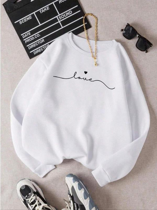 Women'WB shield Heart & Letter Print TNF Lined Sweatshirt, Casual Long Sleeve Round Neck Pullover for Fall & Winter,...