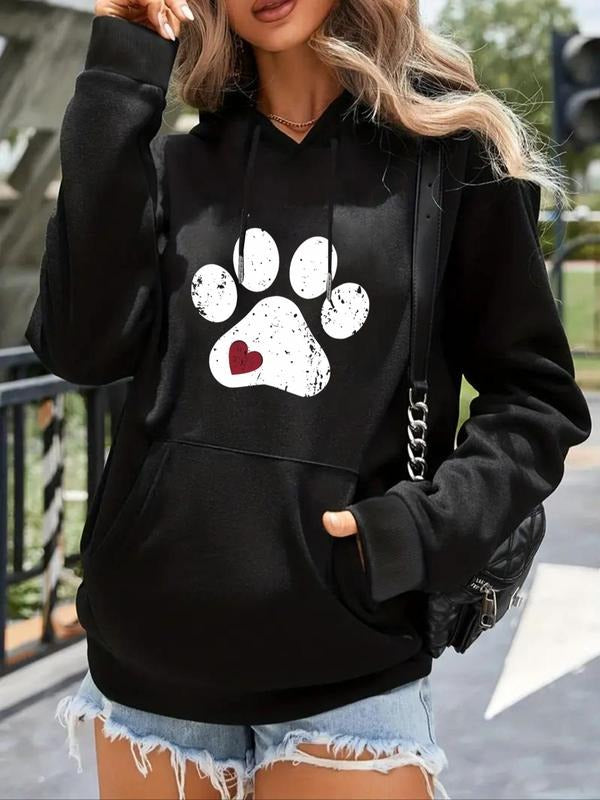 Women'WB shield Heart & Paw Print Drop Shoulder Hoodie, Fashion Casual Drawstring Pocket Hooded Sweatshirt for Daily Holiday Outdoor Wear, Women Clothing for Fall & Winter