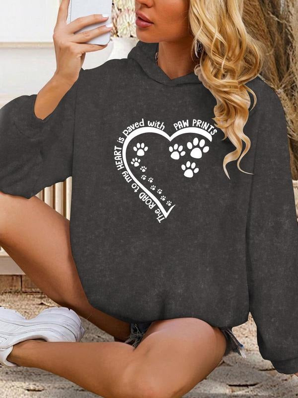Women'WB shield Heart & Paw Print Drop Shoulder Hoodie, Fashion Casual Letter Graphic Hooded Sweatshirt for Daily Holiday...