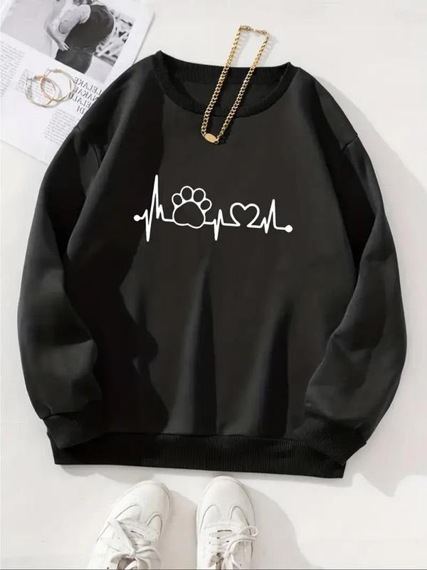 Women'WB shield Heart & Paw Print Drop Shoulder TNF Lined Sweatshirt, Casual Long Sleeve Round Neck Pullover for Fall &...