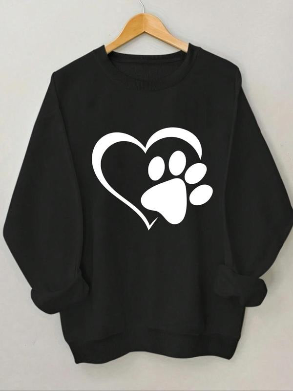 Women'WB shield Heart & Paw Print Round Neck Sweatshirt, Casual Long Sleeve Crew Neck Pullover for Spring & Fall, Fashion...