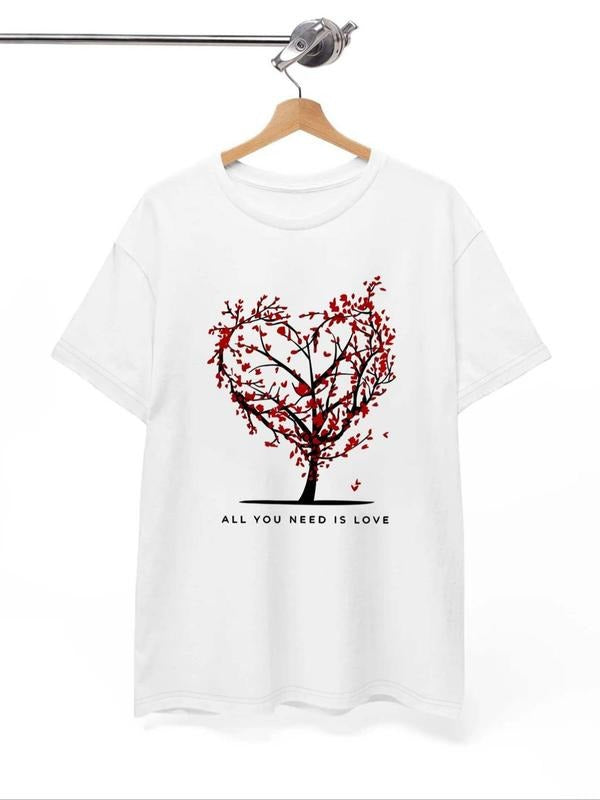 Women'WB shield Heart & Tree Print Crew Neck Tee, Fashion Slogan Graphic Short Sleeve T-Shirt, Ladies Summer Outfit...