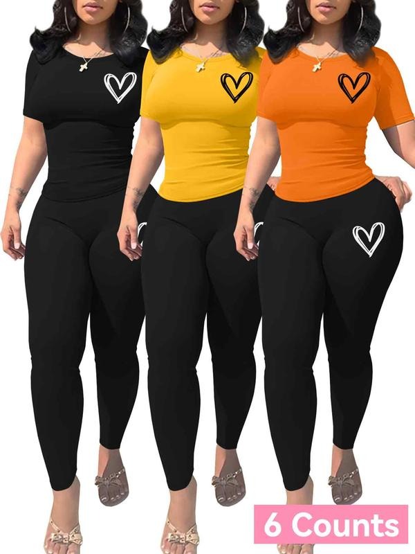 Women'WB shield Heart Print Crop Tee & Skinny Pants Straw hat pirates Set, Casual Fashion Cozy Round Neck Short Sleeve...