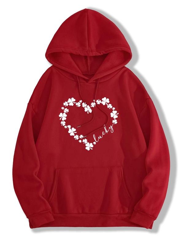 Women'WB shield Heart Print Drawstring Pocket Hoodie, Casual Drop Shoulder Long Sleeve Hooded Sweatshirt, Ladies Fall &...