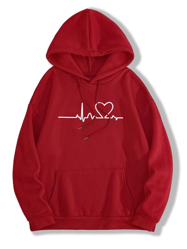 Women'WB shield Heart Print Drop Shoulder Drawstring Hoodie, Casual Long Sleeve Pocket Hooded Sweatshirt for Fall &...