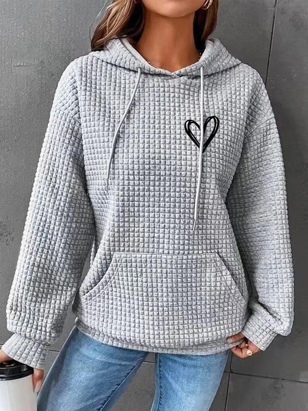 Women'WB shield Heart Print Drop Shoulder Drawstring Long Sleeve Hoodie, Comfort Pocket Textured Hooded Sweatshirt...