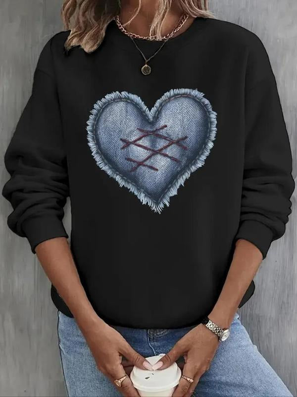 Women'WB shield Heart Print Drop Shoulder Sweatshirt, Casual Long Sleeve Round Neck Pullover for Fall & Winter, Ladies...