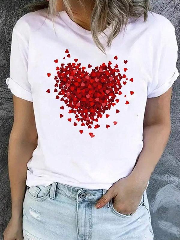 Women'WB shield Heart Print Round Neck Graphic Tee, Vintage Trendy Casual Short Sleeve T-shirt For Daily Wear, Ladies...