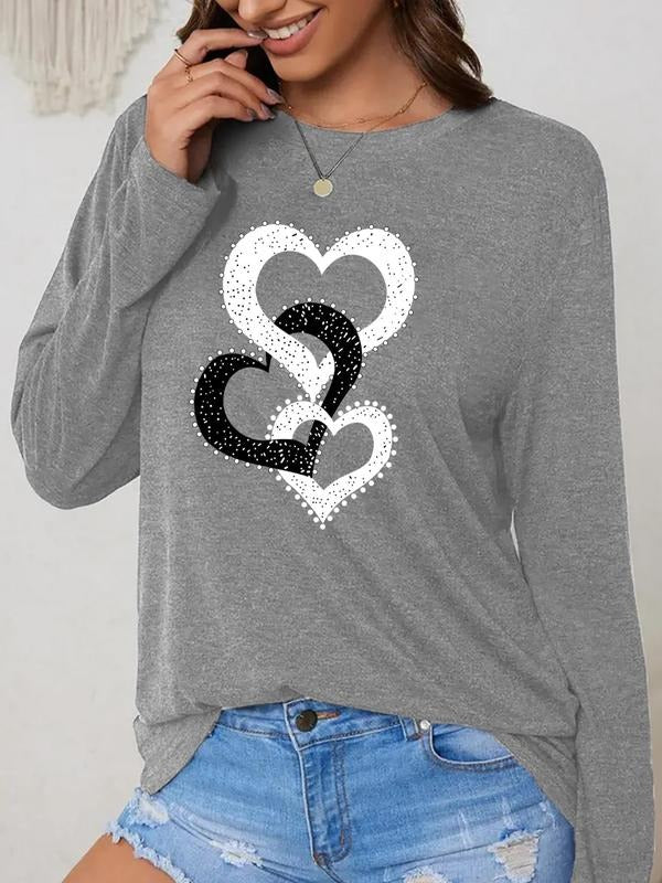Women'WB shield Heart Print Round Neck Tee, Casual Long Sleeve Crew Neck T-Shirt for Daily Wear, Ladies TNF for Spiky...