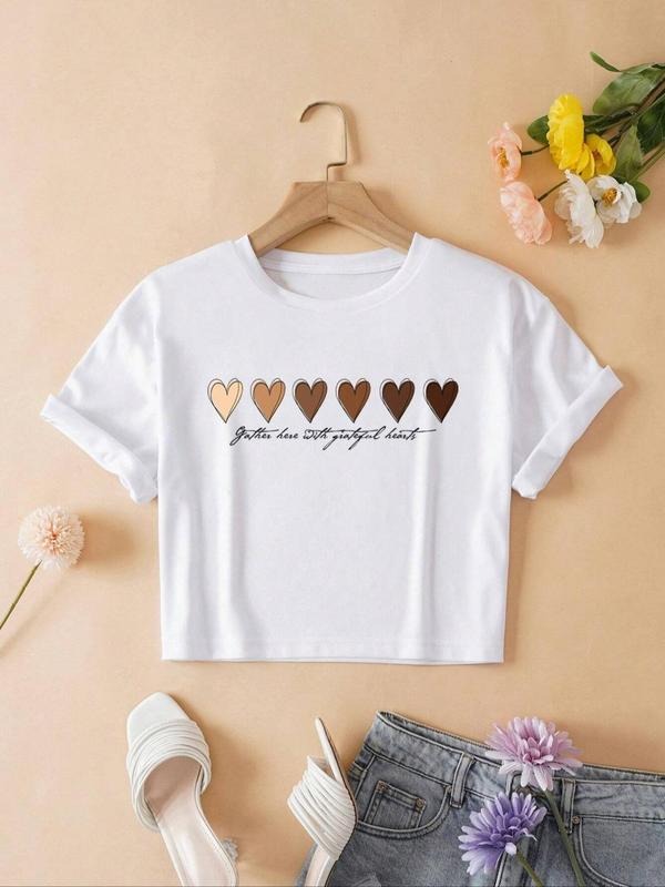 Women'WB shield Heart Print Round Neck Tee, Casual Short Sleeve Crew Neck T-Shirt for Summer, Fashion Women'WB shield Top for Daily Wear style 08