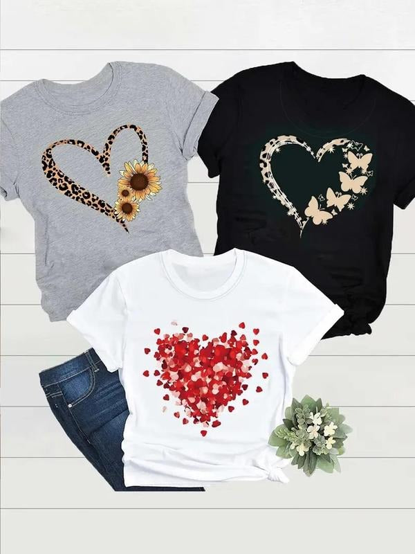 Women'WB shield Heart Print Round Neck Tee, Casual Short Sleeve Crew Neck T-shirt for Spring & Fall, Fashion Women'WB...