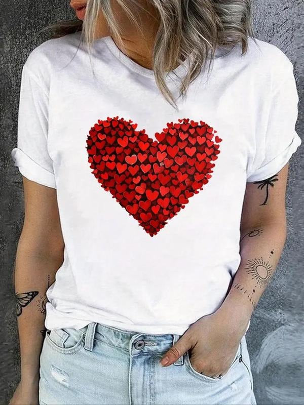 Women'WB shield Heart Print Round Neck Tee, Casual Short Sleeve T-shirt for Summer, Fashion Women'WB shield Top for Daily...