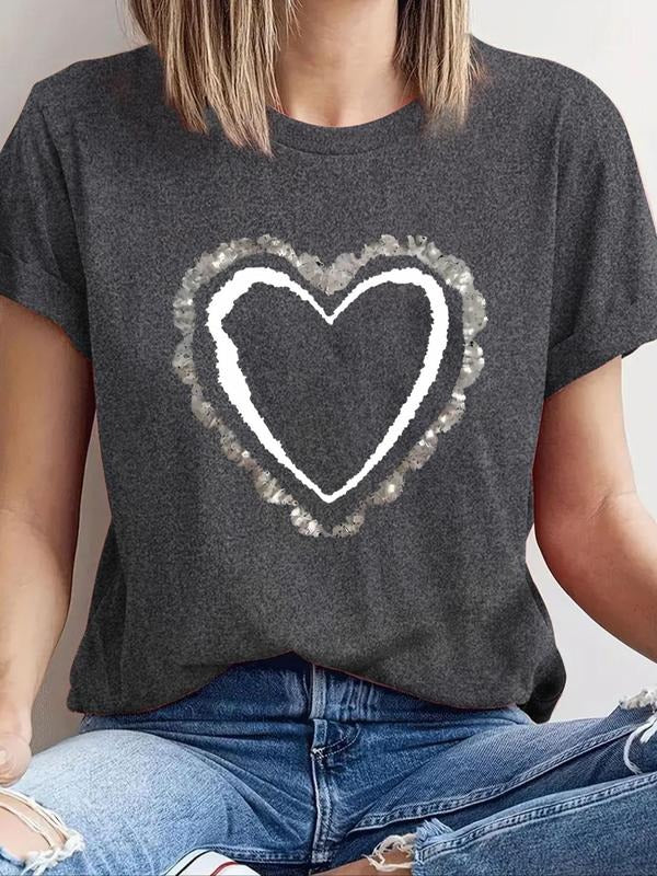 Women'WB shield Heart Print Round Neck Tee, Fashion Short Sleeve T-Shirt, Ladies Summer Outfit Valentine'WB shield Day,...