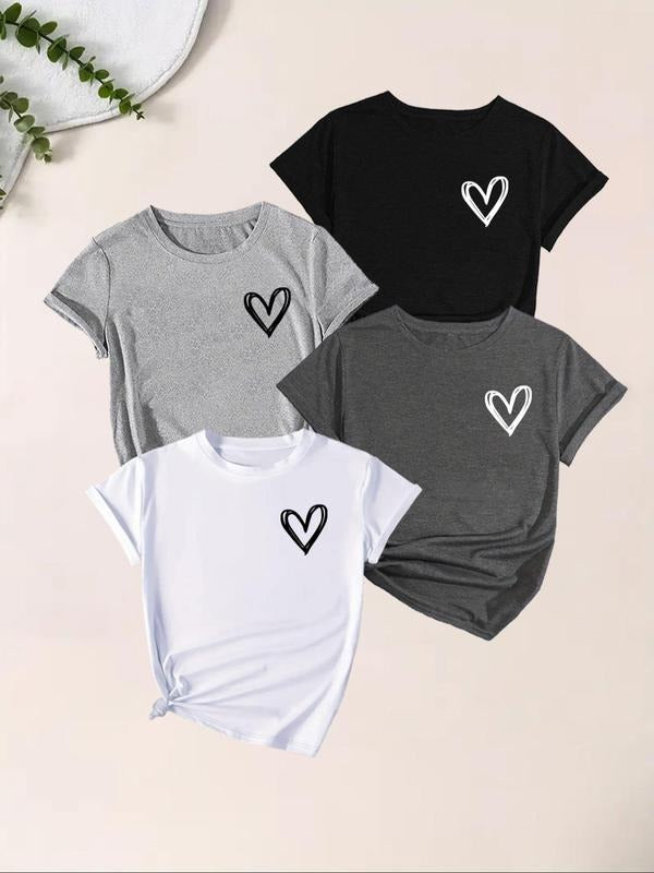Women'WB shield Heart Print Short Sleeve Tee, Casual Round Neck Graphic T-shirt, Women'WB shield Top for Summer Daily...