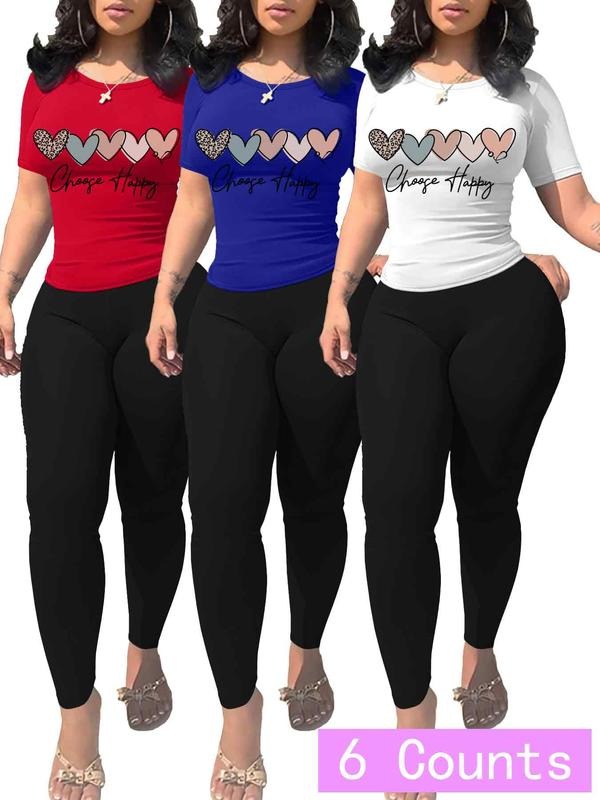 Women'WB shield Heart Print Tee & Skinny Pants Set, Casual Round Neck Short Sleeve T-shirt & Leggings, Ladies Spring &...