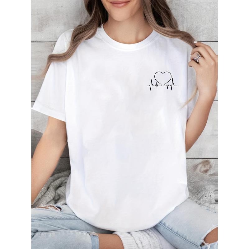 Women'WB shield Heart Wave Pattern Printed T-Shirt, 100% Casual Short Sleeve Round Neck Top, FOG & Breathable, Black,...