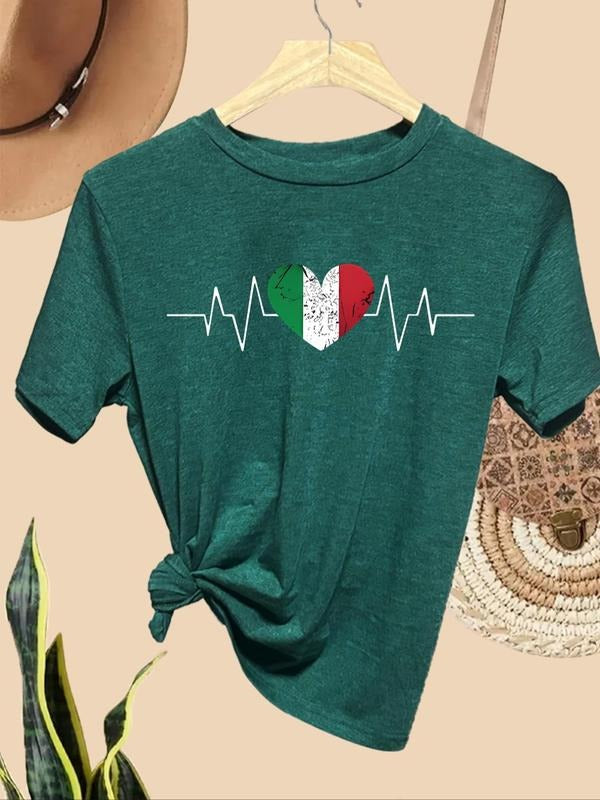Women'WB shield Heartbeat & Italy Flag Print Round Neck Tee, Casual Short Sleeve T-shirt for Summer, Ladies TNF for Daily...