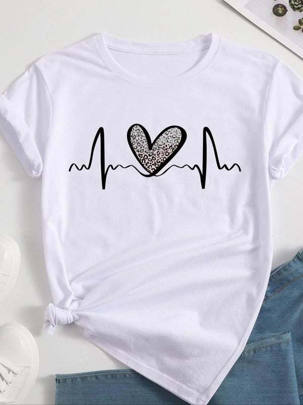 Women'WB shield Heartbeat & Leopard Heart Print Round Neck Tee, Trendy Casual Short Sleeve T-Shirt for Summer, Women'WB...