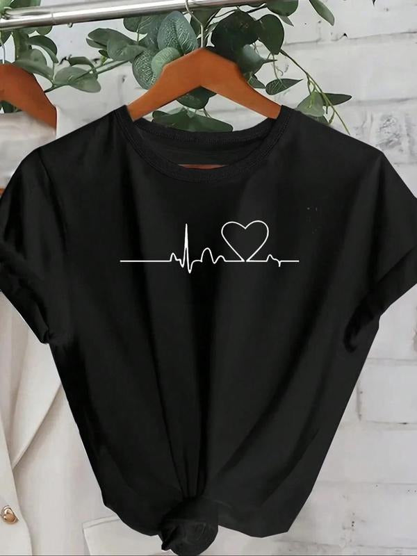 Women'WB shield Heartbeat Print Round Neck Tee, Casual Short Sleeve Crew Neck T-shirt for Summer, Fashion Women'WB shield...