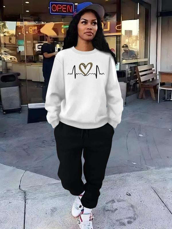 Women'WB shield Heartbeat Print Sweatshirt & Drawstring Waist Pants Straw hat pirates Set, Casual Fashion Cozy Round Neck...