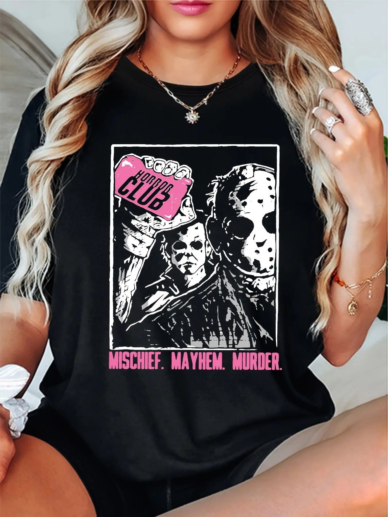 Women'WB shield Horror Club Print Round Neck Tee, Fashion Casual Short Sleeve T-shirt for Daily Wear, Ladies Summer TNF...