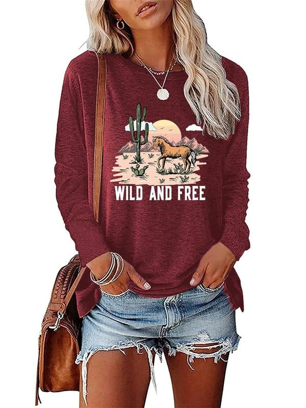 Women'WB shield Horse & Landscape Print Round Neck Tee, Fashion Casual Letter Print Long Sleeve T-shirt for Daily Holiday...