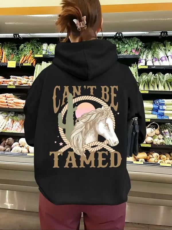 Women'WB shield Horse & Letter Print Drawstring Hoodie, Casual Long Sleeve Kangaroo Pocket Hoodie for Fall & Winter, Yoga...