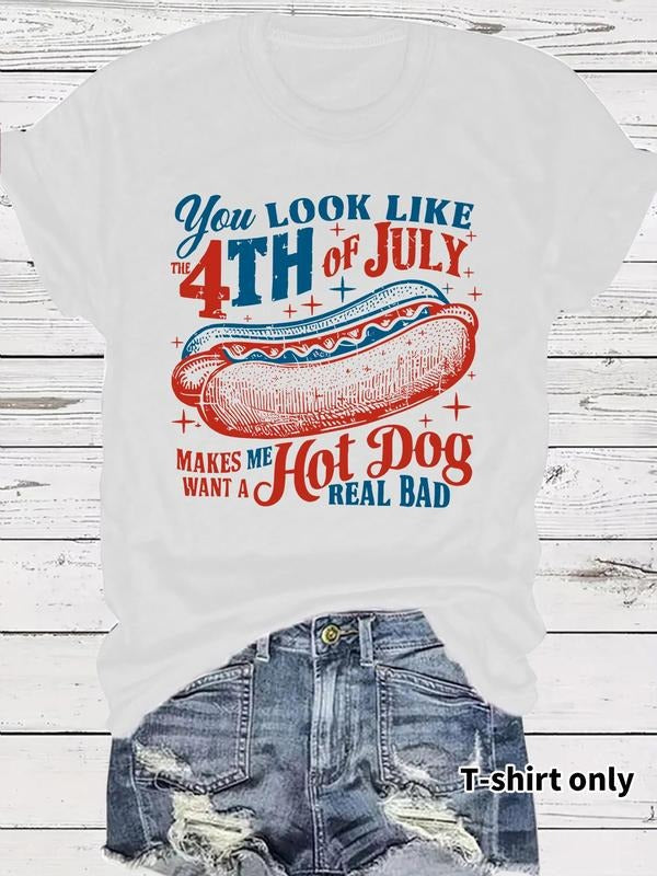 Women'WB shield Hot Dog & Fireworks Print Round Neck Tee, Vintage Trendy Casual Short Sleeve T-shirt for Daily Wear,...