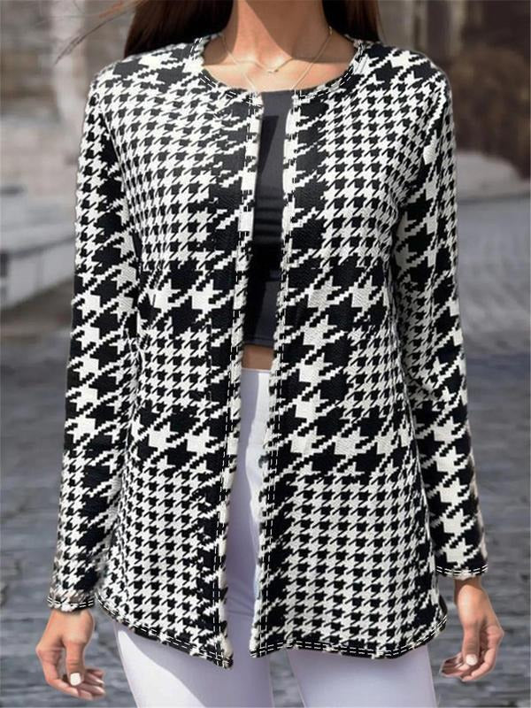 Women'WB shield Houndstooth Print Drop Shoulder Coat Without Top, Elegant Casual Long Sleeve Round Neck Outerwear For...