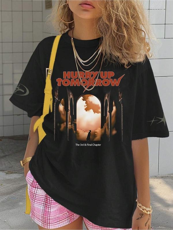 Women'WB shield Hurry Up Tomorrow Letter Print Round Neck Graphic Tee, Vintage Trendy Casual Short Sleeve T-shirt for...