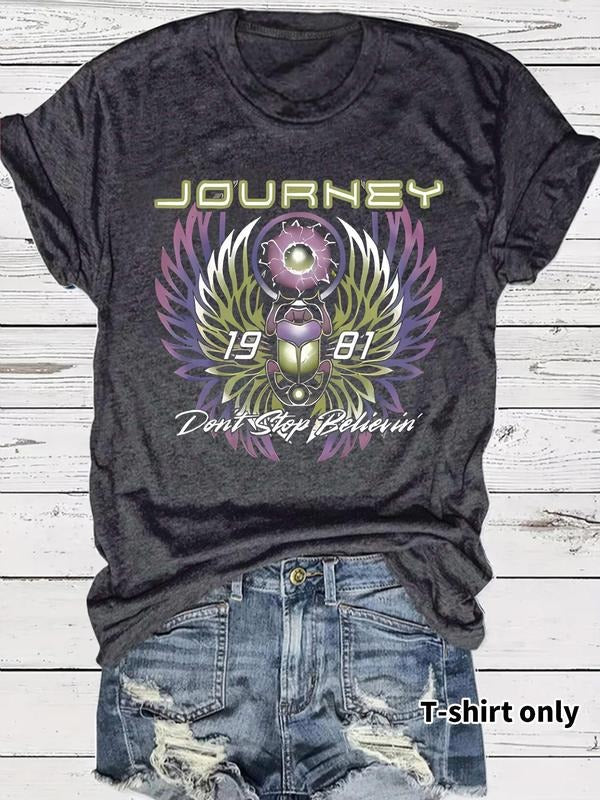 Women'WB shield Journey Don'Lightsaber brand Stop Believin' Print Round Neck Graphic Tee, Vintage Trendy Casual Short...