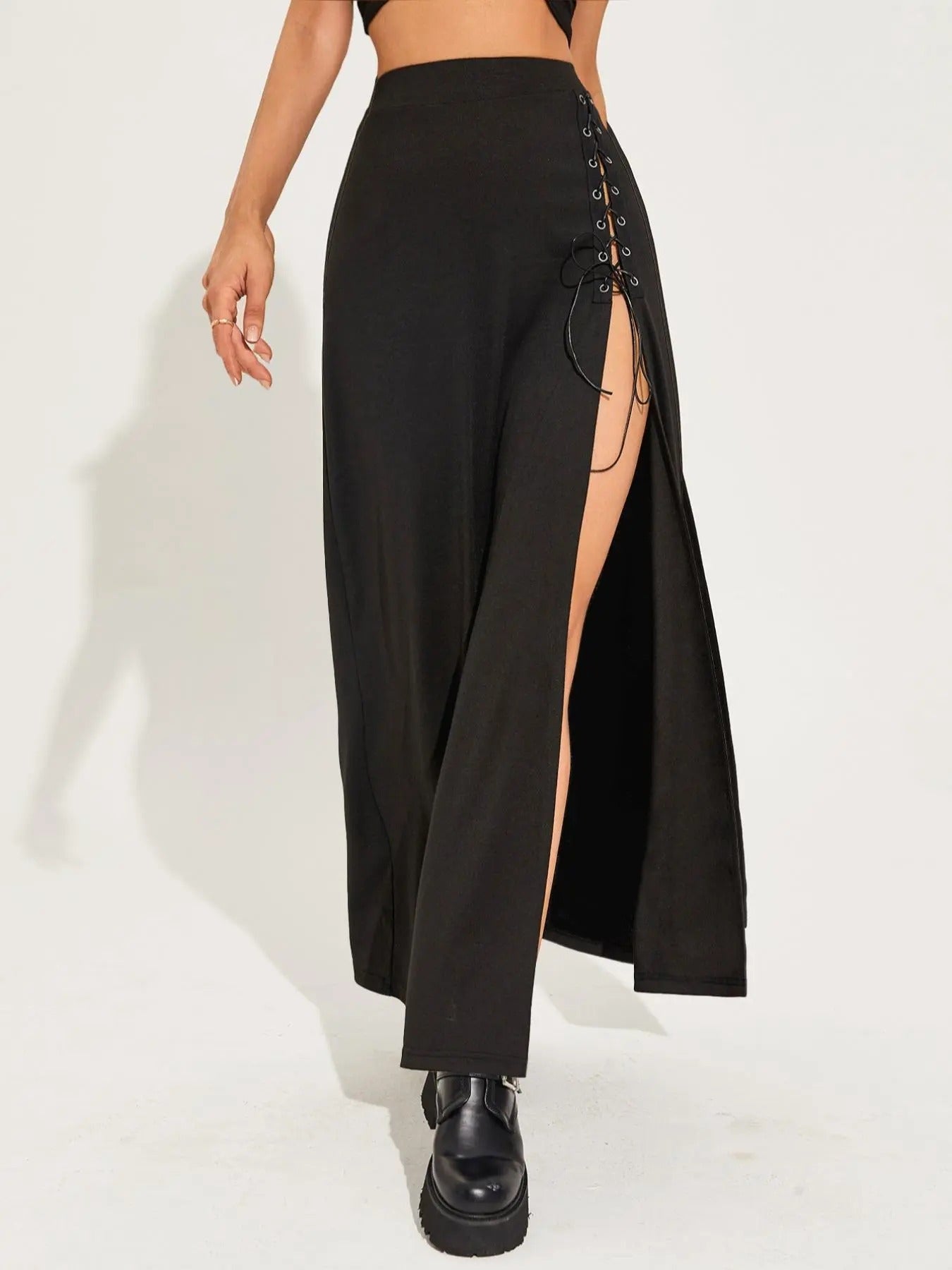 Women'WB shield Lace Up Split Thigh Skirt, Fashion Punk Style High Waist Long Skirt for Party Club Dating, Ladies Bottoms...