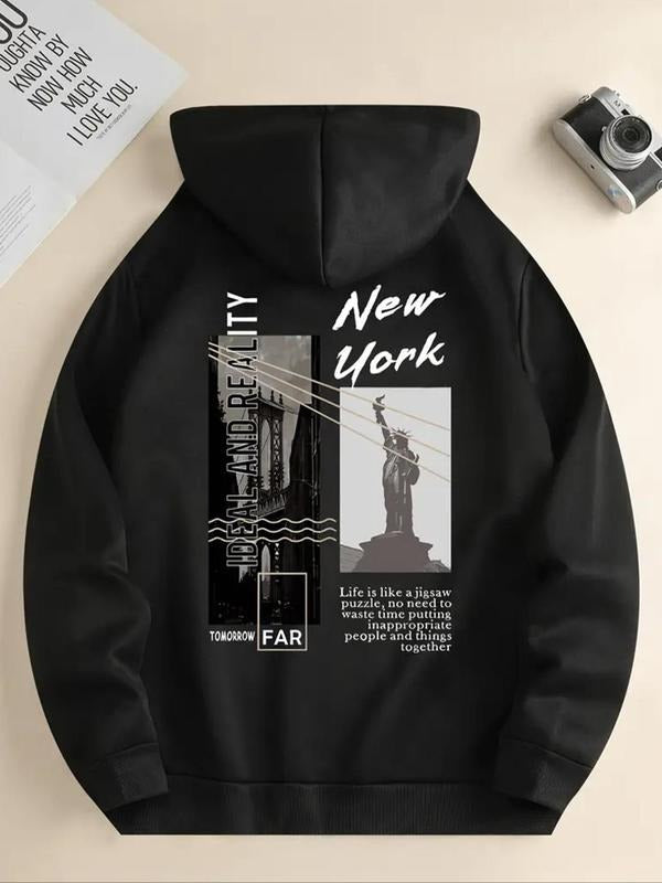 Women'WB shield Landscape & Letter Print Drawstring Pocket Hoodie, Casual Long Sleeve Hooded Sweatshirt for Fall &...