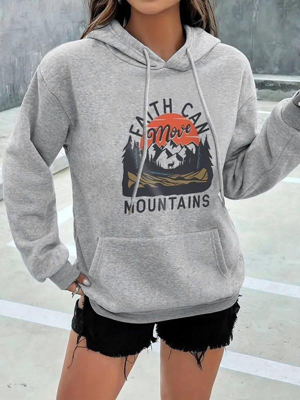 Women'WB shield Landscape & Letter Print Drop Shoulder Hoodie, Fashion Casual Drawstring Pocket Hooded Sweatshirt for...
