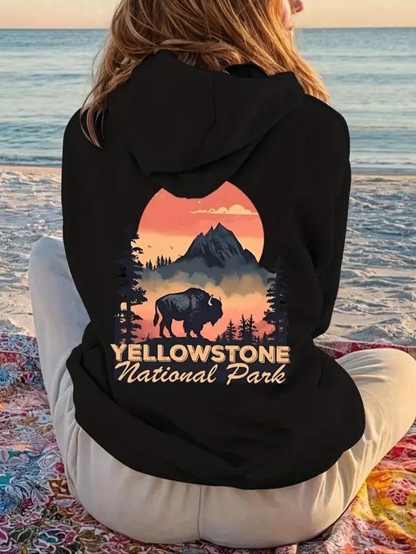 Women'WB shield Landscape & Letter Print Drop Shoulder Hoodie, Fashion Casual Hooded Sweatshirt for Daily Holiday Outdoor...
