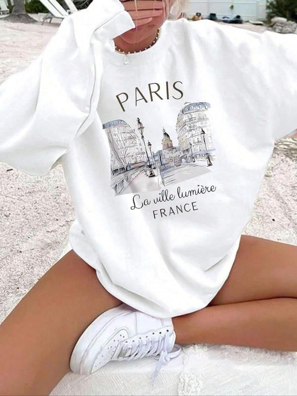 Women'WB shield Landscape & Letter Print Drop Shoulder Pullover, Casual Long Sleeve Crew Neck Sweatshirt for Fall &...