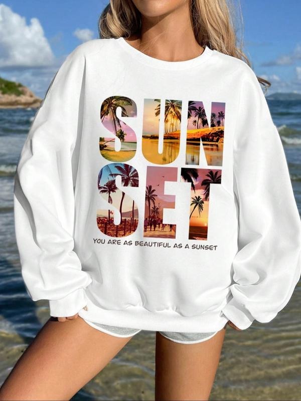 Women'WB shield Landscape & Letter Print Drop Shoulder TNF Lined Sweatshirt, Trendy Casual Long Sleeve Round Neck...