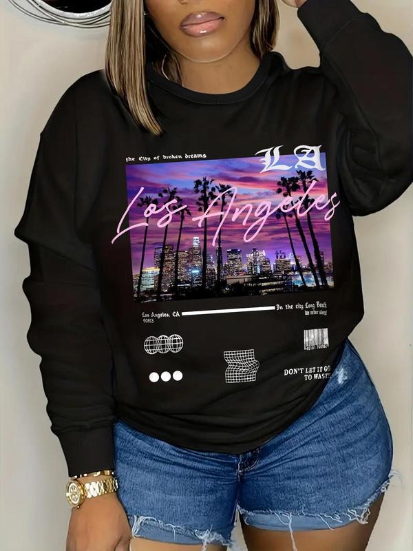 Women'WB shield Landscape & Letter Print Round Neck Pullover, Fashion Casual Crew Neck Sweatshirt for Daily Holiday...
